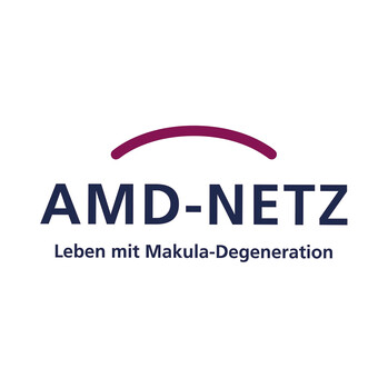 Das Logo von AMD-Netz. Unter dem Logo steht "Leben mit einer Makula-Degeneration"